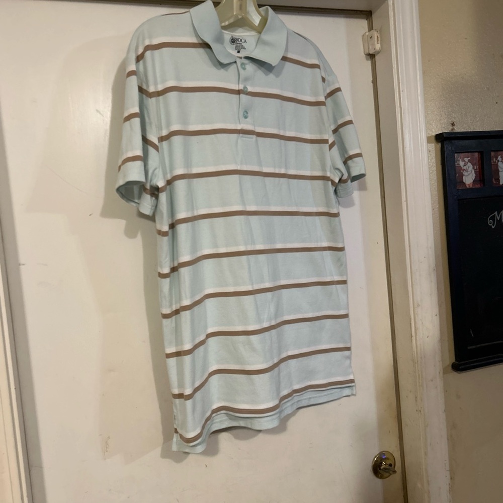 Men's Polo Shirt in Light Blue with Tan Stripes